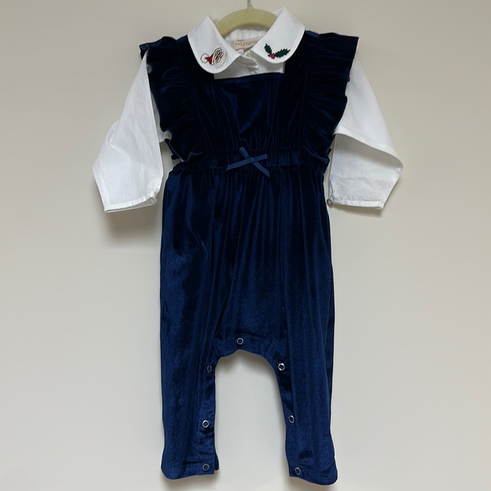 EUC - Pink Chicken Set (Velour Jumpsuit + Collar Bodysuit) Baby Girl, 12/18M